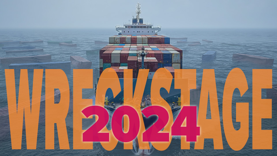 A container ship at sea with the words "WRECKSTAGE 2024" superimposed on the image