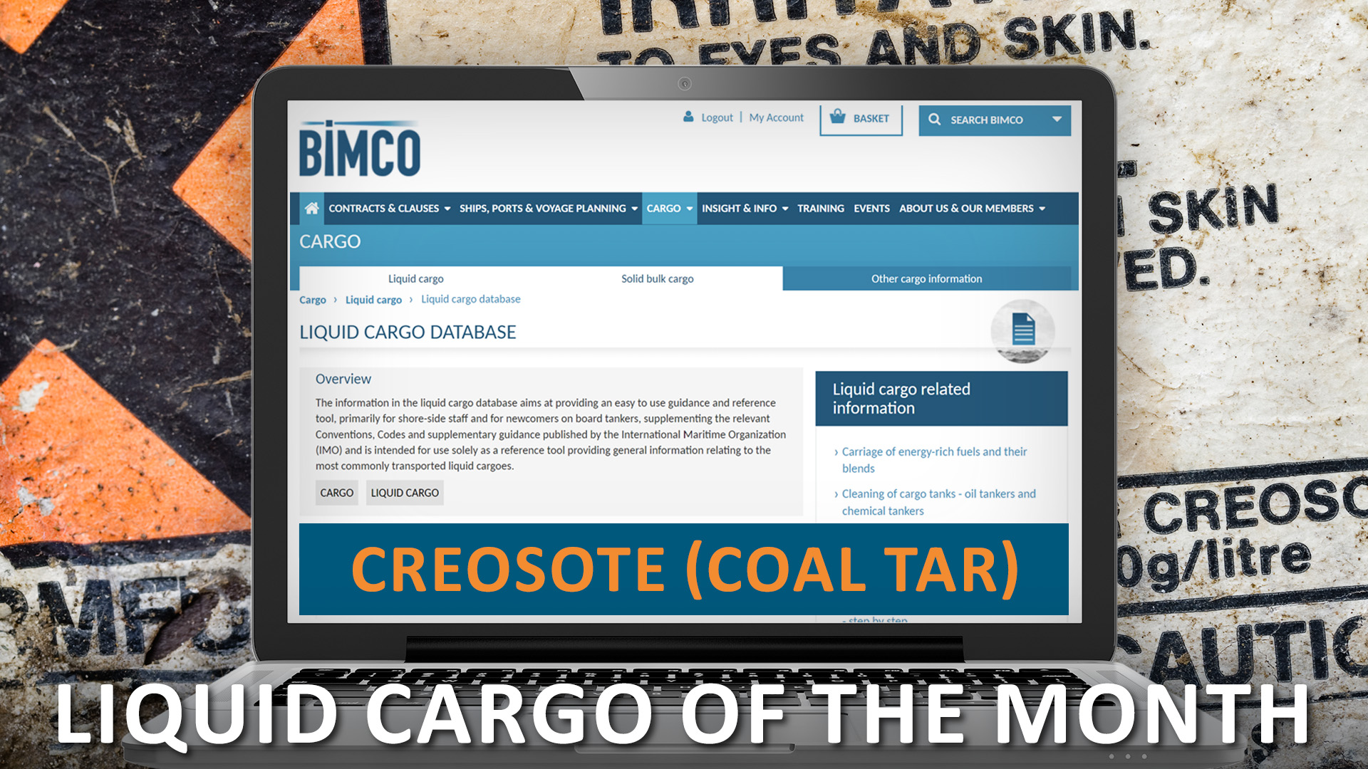 BIMCO website's liquid cargo of the month, creosote (coal tar) on a laptop superimposed over a hazard label