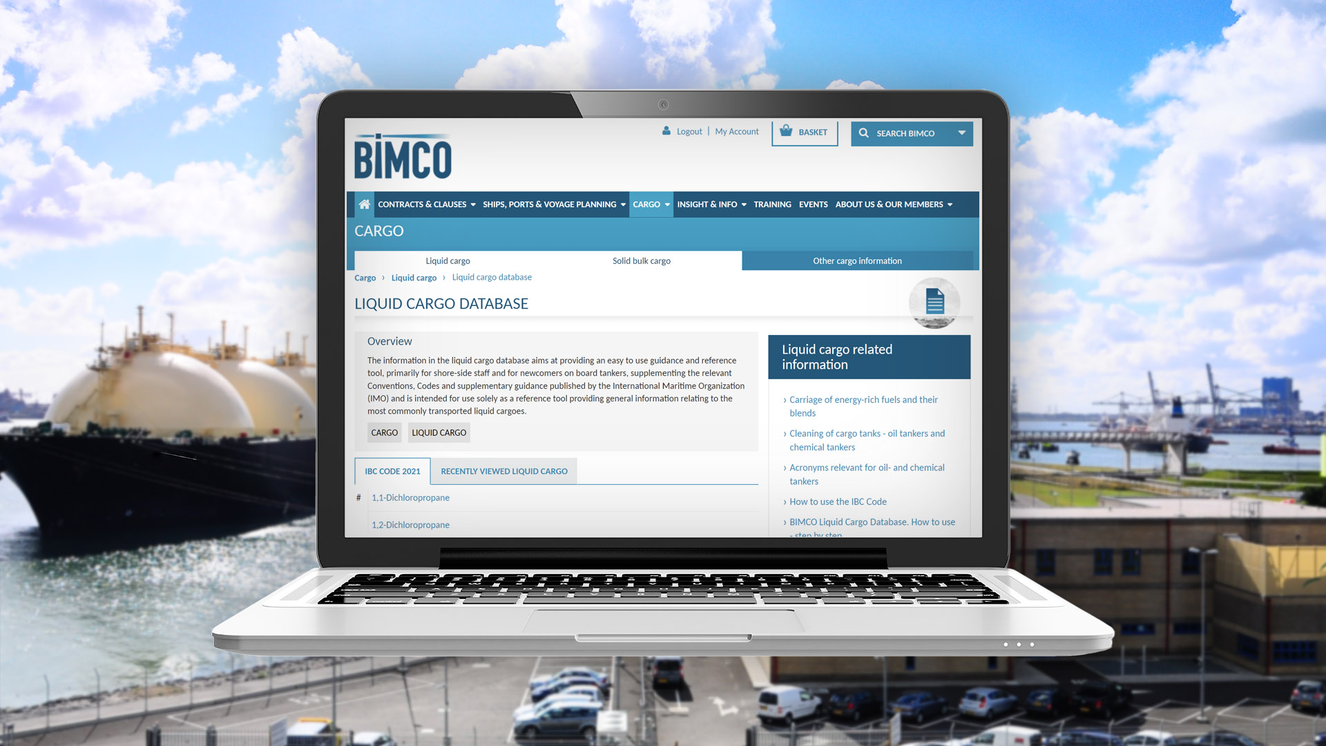 BIMCO Liquid Cargo Database website on laptop superimposed over LNG in port