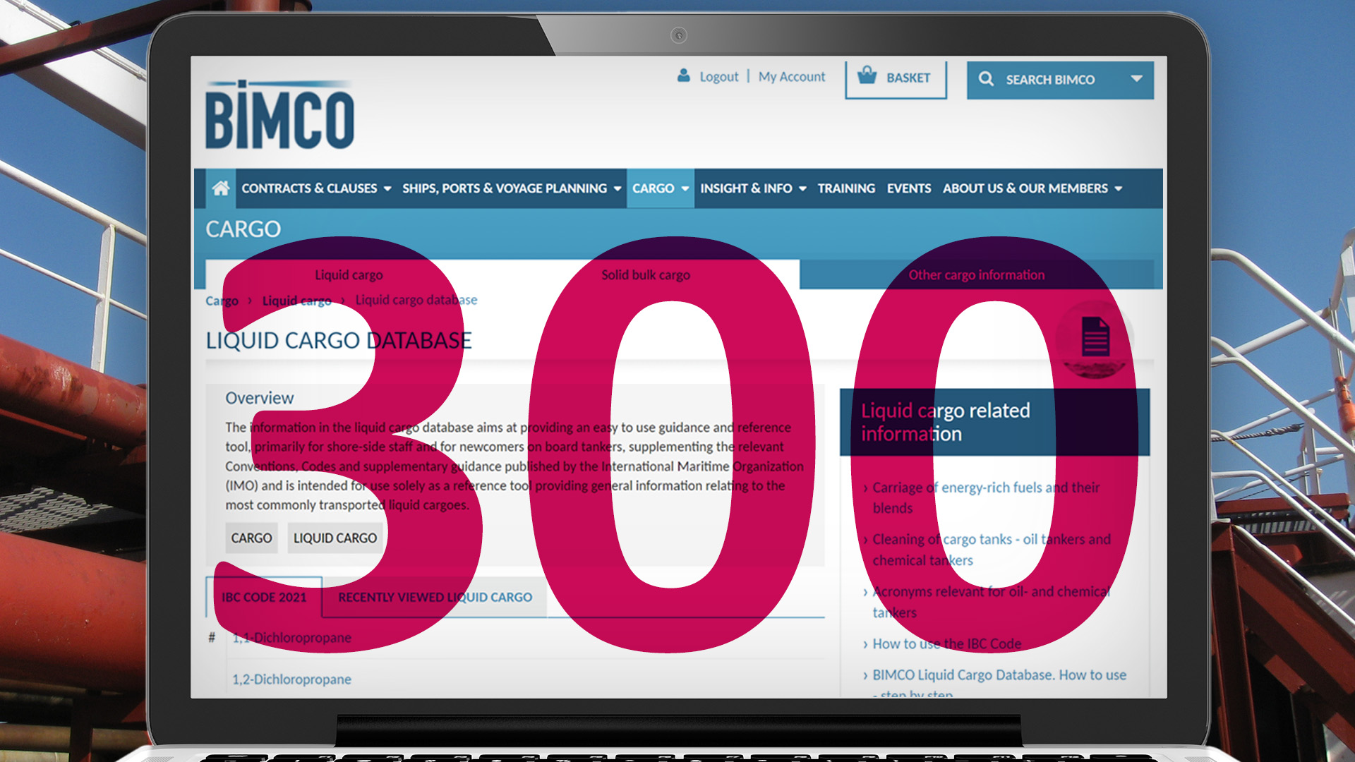 Laptop screen showing the BIMCO Liquid Cargo Database webpage with the number 300 superimposed over it in red