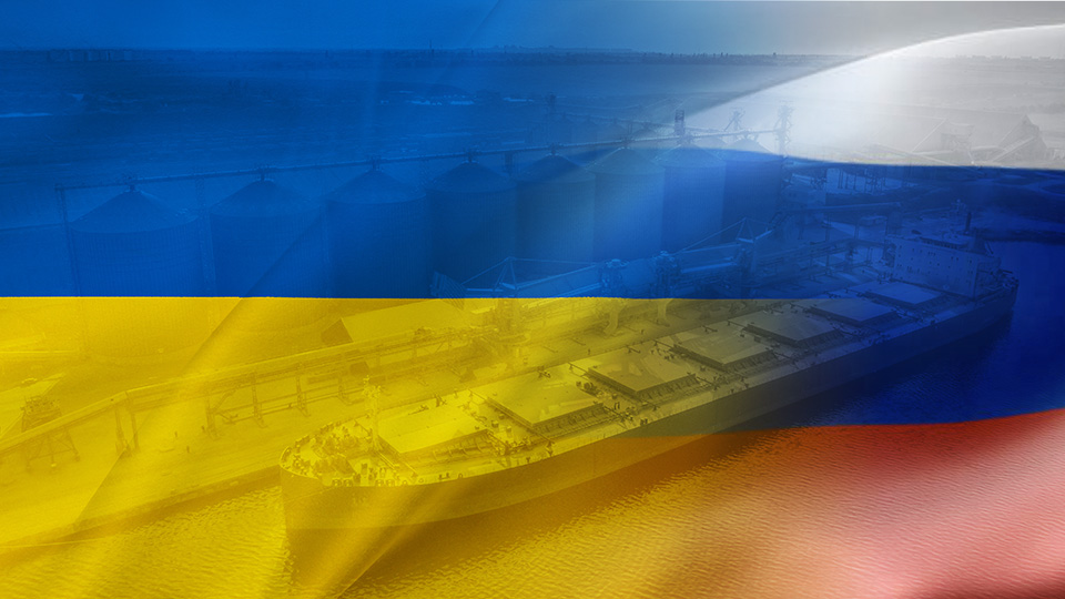 Ukraine and Russia flags superimposed over an image of a dry bulk ship loading grain