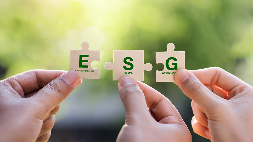 3 hands holding up puzzle pieces for ESG over a green background